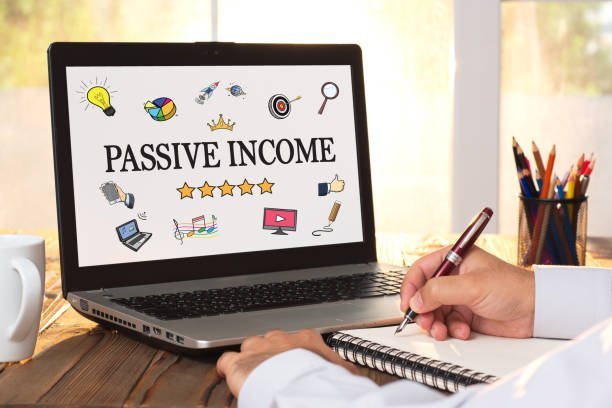 passive income concept with various hand drawn doodle icons on laptop monitor